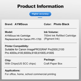 AYMSous Compatible Pigment Ink Cartridge Replacement for Canon PFI-1700 for Canon imagePROGRAF Pro2000,2100 Pro 4000s,4100,6000s,6100,6100S,4100S (700ML Photo Black Pigment)