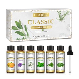 EUQEE Classic Essential Oil Set of 6 Pure Essential Oil Gift Set for Diffusers, Soap Making - Lavender, Eucalyptus, Peppermint, Tea Tree, Sweet Orange, Lemongrass Aromatherapy Oils - 10ml