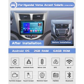 Roinvou 2+64G Android CarPlay Stereo for 2010-2016 Hyundai Verna Accent Solaris, Built-in Wireless CarPlay with Android Auto, 9'' Touch Screen in-Dash GPS Navigation Support Mirror Link BT FM RDS AHD