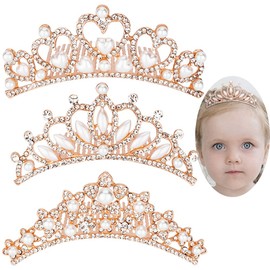 ANBALA Small Tiara Crown with Hair Comb, 3 Pack Mini Tiara Crown Princess Crystal Shiny Hair Accessories for 2 3 4 5 6 7 8 9 Years Girls Hair Dectoration Styling Cute Hair Accessories (Rose Gold)