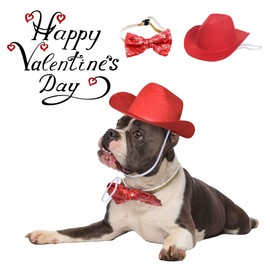 Vehomy Valentine's Day Dog Cat Cowboy Hat and Bow tie Collar Valentines Pet Cowboy Costume for Dogs and Kittens Set of 2Pcs