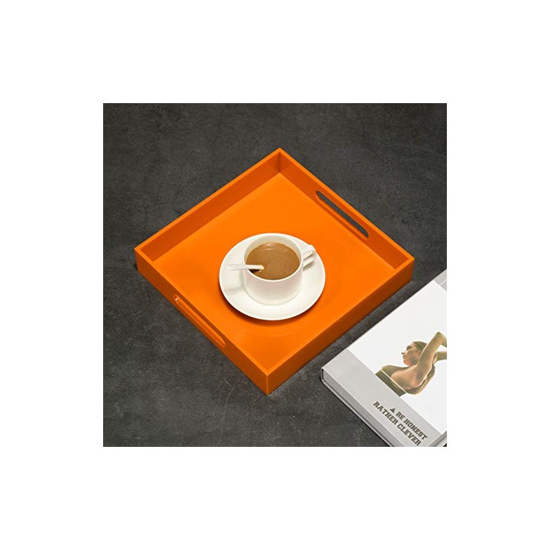 KEVLANG Orange Sturdy Acrylic Serving Tray with Handles-10x10Inch-Serving Coffee,Food,Breakfast,Butler-Kitchen Countertop