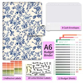 ALKKDPS Budget Binder with Cash Zipper Envelopes, Cute A6 Money Saving Binder, PU Leather Money Organizer, Cash Envelopes and 12 Expense Budget Sheets for Budgeting Blue Floral