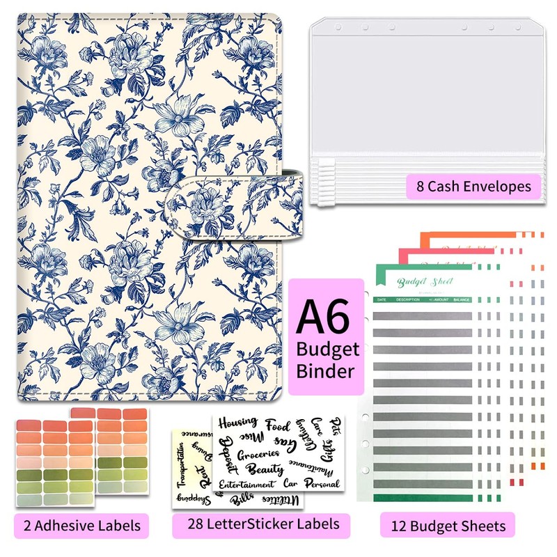 ALKKDPS Budget Binder with Cash Zipper Envelopes, Cute A6 Money