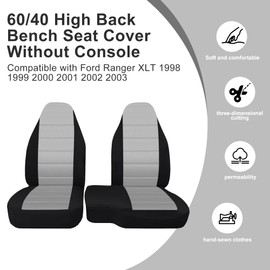 Fioqe 2PCS Front 60/40 Cloth High Back Bench Seat Cover for Ford Ranger XLT 1998 1999 2000 2001 2002 2003 (Without Console Cover)-Gray