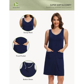 BambooBud Womens Tank Nightgown Sleeveless Nightshirt Soft Button Up Sleepwear Viscose from Bamboo Pajama Dress S-XXL, Navy, Medium