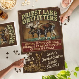 Lantern Press 1000 Piece Jigsaw Puzzle, Priest Lake, Idaho, Moose Outfitters Vintage Sign
