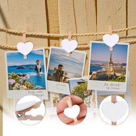FDHBDF Pack of 100 Wooden Pegs in Heart Shape White Mini Wooden Clothes Pegs Photo Holder with 10 m Jute String for Wedding, Photo Holder and Clothing