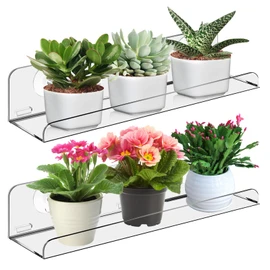 WIYETY Pack of 2 Acrylic Plant Shelves: Hanging Transparent Plant Rack for Windows, Window Plant Shelves with Suction Cup, Window Wall Plant Stand for Flowers, Succulents, Herbs