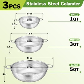 HaSteeL Stainless Steel Colander Set of 3, Micro-Perforated Metal Colander Strainer with Handle, Ideal for Kitchen Draining/Rinsing/Washing Pasta Spaghetti Vegetable Fruit, Dishwasher Safe - 1/3/5 QT