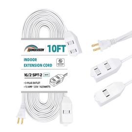 HONDERSON 6-Outlets Flat Extension Cord, DOUBLE 3-OUTLETS POWER STRIP with Safety Outlet Cover, UL Listed 16/2 SPT-2 Outlet Extender, 2 Prong 16 Gauge 10FT White Indoor Extension Cord Multiple Outlets