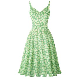 Ellames Women's Summer Dress Spaghetti Strap Cocktail Swing Beach Dresses V Neck Sundress Green Floral XL