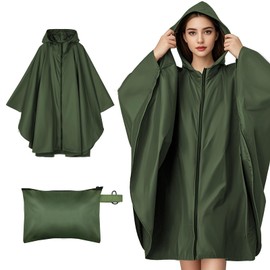 Jokureao Waterproof Rain Poncho with Carry Bag, Windproof Rainwear for Men and Women, Lightweight & Compact for Cycling, Travel, Trekking, Reusable Raincoat, Army Green, One size fits all