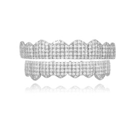 TOPGRILLZ Iced Diamond Grillz for Men & Women - Silver & Gold Teeth Grills - 14K Gold Plated - Micro Pave 8 Fang Top & Bottom Grillz - Rapper Costume Jewelry Accessory