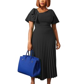 AOMEI Women's Black Short Sleeve Asymmetrical Ruffles High Waist Pleated Hem Midi Spring Dress (2XL,XX-Large)