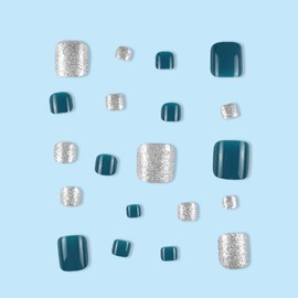 Blue Press on Toes Nails Silver Glitter Fake Toenails Square Shaped Glue on Toenails with Indigo Solid Color Designs Short False Nails Glossy Acrylic Toe Nails Black Tip Stick on Toenails for Women