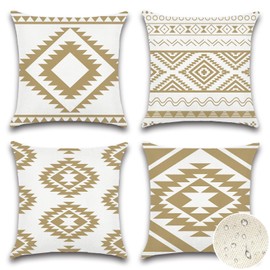 Artscope Waterproof Bohemian Cushion Covers, Pack of 4 Geometric Khaki Cushion Covers, Breathable Cushion Case for Outdoor, Balcony, Patio, Garden, Farmhouse Decor, 40 x 40 cm (Geometry 80)
