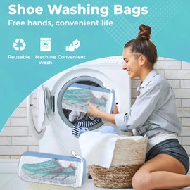 2Pcs Shoe Washing Machine Bag, Fluffy Fibers for 360° Cleaning, Trainer Laundry Bag with Durable Hidden Zipper, Reusable Shoe Cleaning Bag for Sneakers (2Pcs White Blue)
