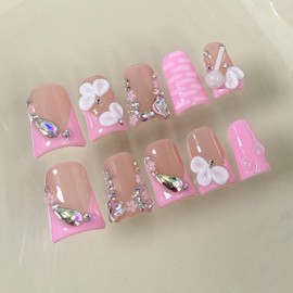 Handmade Press on Nails Short Duck 3D Floral Cute Thick Acrylic Fake Nails Pink French Tip False Nails with Rhinestones Pearls Petal Flower Designs Sturdy Nail Art Press on Nails 10 Pcs(M)