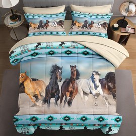 WeCozy 7 Pcs King Size Comforter Set with 2 Pillowcases & 2 Shams, Horses Desert Animal Bedding for Kids and Adults, Tribal Farm Sunset Run Bed in a Bag with Flat Fitted Sheet