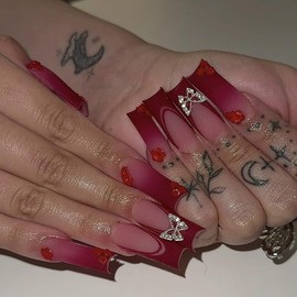 Long Square Press on Nails Red French Tip Fake Nails with 3D Butterfly Nail Charm Acrylic Nails Artificial False Nails for Women and Girls 24 Pcs (Red -6, style-6)