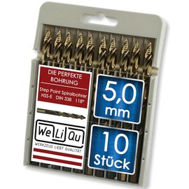 WELIQU HSS-E Cobalt Step Point Twist Drill Bit Diameter 5.0 mm Ground Self-Centering Metal Drill Bits 118° for Steel, Stainless Steel, Aluminium, Brass, Bronze, Cast Iron, Hardwood, Plastic, Pack of