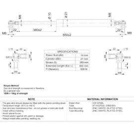 Generic Universal Gas Struts Spring Ball Joint | 100-1000 Newton | Length Options 200 mm to 900 mm | Heavy-Duty | Lift Support System (850MM, 600 N)