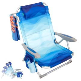 #WEJOY Folding Beach Chair for Adults, 4-Position Aluminum Lightweight Beach Chair, Low Sands Chairs with Shoulder Strap, Cup Holder and Padded Headrest, Supports 265lbs for Lawn,Bluepattern