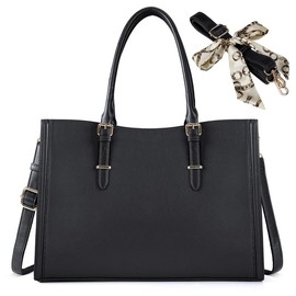 Laptop Bag for Women 15.6 inch Waterproof Tote Large Leather Work Bag Computer Briefcase School Bag Office Professional Large Capacity Handbag Shoulder Bag - Color: Black