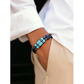 Mens Leather Turquoise Stone Bracelet–8.3" Braided Multi‑Layer Stainless Steel Clasp Leather Bracelets Jewelry Box and Pouch Packing