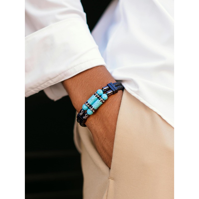 Mens Leather Turquoise Stone Bracelet–8.3" Braided Multi‑Layer Stainless Steel Clasp