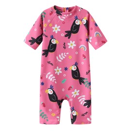 Moon Tree Toddler Girls Rash Guard Swimsuits for Baby Girls Sunsuits Short Sleeve One Piece Bathing Suits Beach Swimwear Rose Red Birds 3T