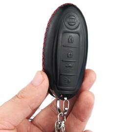 Cadtealir Italian Leather Key Fob Cover Case compatible with Nissan 350Z 370Z ltima Maxima Rogue Armada Titan Versa (4 buttons Red Stitch)