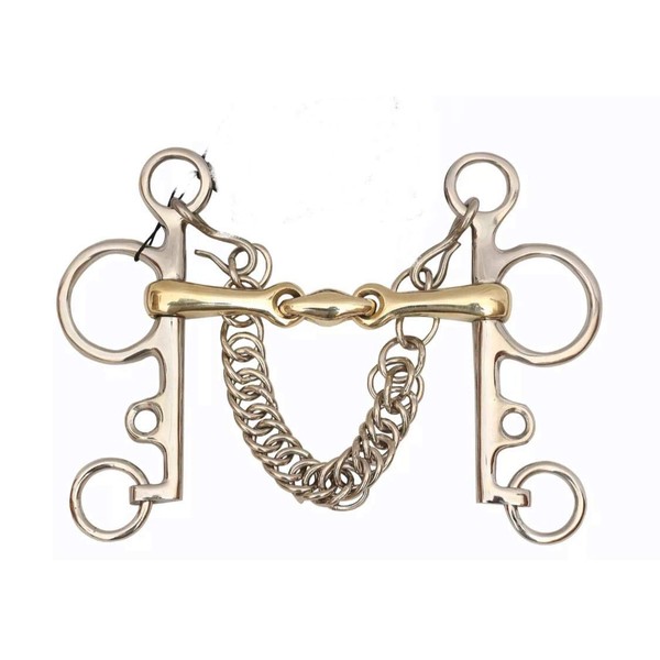 Lift Sports Pelham Horse Bit Double Jointed with Oval Link Lozenge Fat Shank Snaffle Mouth Piece with Chain (5 Inch)