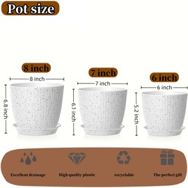zople 8/7/6 Inch Plant Pots 3 Pack, Thick Sturdy Plastic Plant Pots, Indoor/Outdoor 3 Size Pots with Drainage Holes and Tray, Tiger Tail Orchid, Flowers and Cactus White with Black speckles