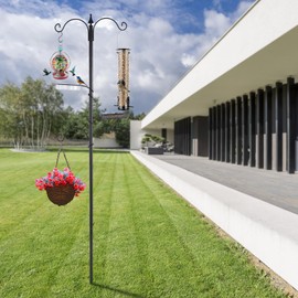BACKYARD EXPRESSIONS PATIO · HOME · GARDEN Bird Feeding Station Kit - 77"" Bird Feeder Pole with 5 Prong Base, Wild Bird Feeder Stand for Outdoors Hanging Bird Feeders - Black, 914882