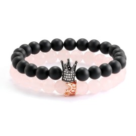 POSHFEEL 8mm Natural Stone CZ Micro Pave Crown King Queen Beads His and Hers Couple Bracelet, 7.5" (Black&Pink)