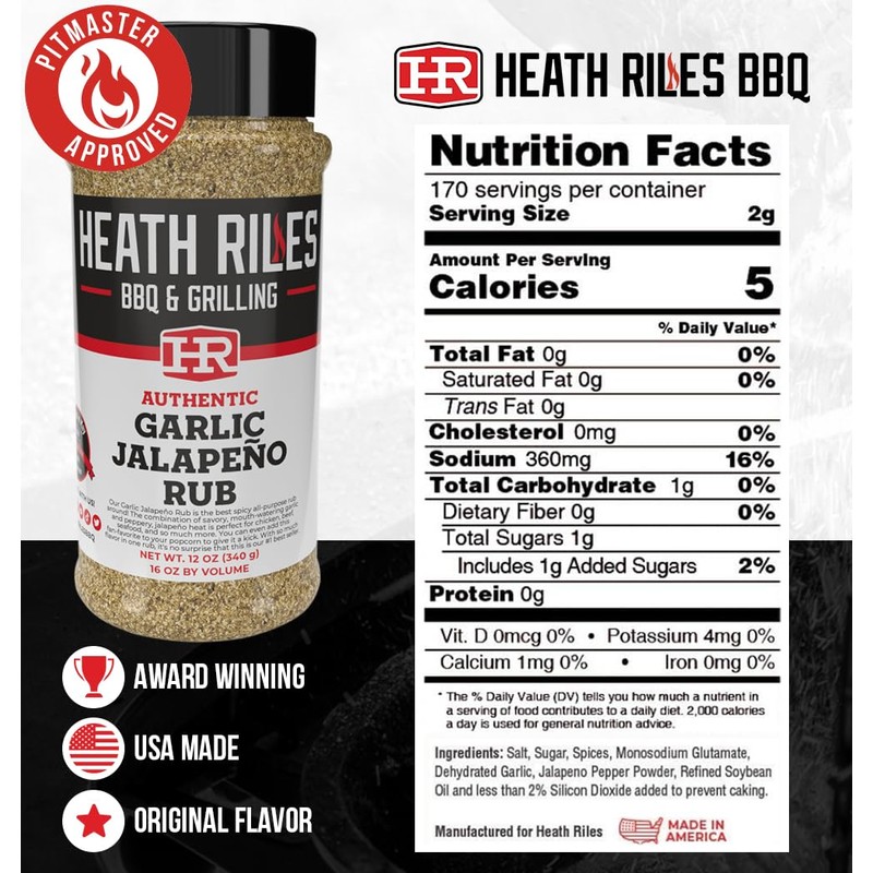 Heath Riles BBQ Rub - Garlic Jalapeño Seasoning, Champion Pitmaster