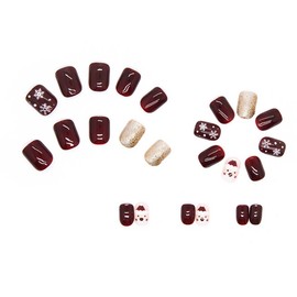 Juneyemo 24 Pcs Christmas Press on Nails Short Square False Nails Snowflake Sparkling Sequins with Designs Fake Nails Almond Shaped Ballerina Acrylic Nails (E, Short)