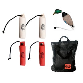 HuntEmUp Dual-Pack (4) Canvas Bumpers With Throw Ropes - Weighted Dog Retrieving Dummies - 2 White and 2 Orange - (1) Dead Fowl Mallard Dummy - and (1) Mesh Bumper Bag