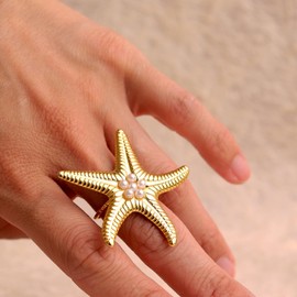 Frigotine Chunky Gold Starfish Pearl Open Ring for Woman, Statement Gold Plated Adjustable Boho Finger Rings Prom Beach Jewelry Gift