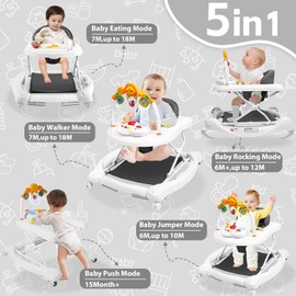 RefoereBabe Baby Walker with Wheels, 5 in 1 Baby Walkers for Boys Girls 6-12 Months, Foldable Walker Baby with Bouncer & Feeding Tray, Music, Adjustable Heights