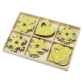 Robelli Pack of 36 Wooden Christmas Tree Pendants (Snowflakes, Trees & Hearts)