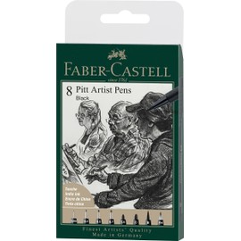 Faber-Castell PITT Artist Pen India Ink Pen - wallet of 8 - colour 199 black - XXS, S, F, M, B, C, 1.5, Fude Hard, (167158)