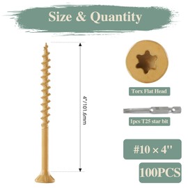 GOHODOMINO Wood Screws #10×4", 100 Pcs, Deck Screws, Rust Resistant, Exterior Epoxy Coated, Outdoor Decking Screws, Torx/Star Drive Head Deck Screw, 1 Pcs T25 Star Bit Included, Tan