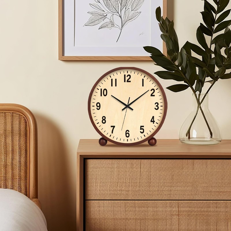 Maxspace Wooden Table Clock,8in Silent Non-Ticking Desk Clock,Battery Operated Desktop