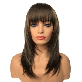 Wiginway Women Medium Straight Brown Wigs with Bangs Remy Hair Replacement Hairpieces Fashion Natural Looking 14 Inch