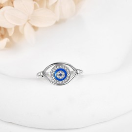 VONALA Evil Eye Ring for Women 925 Sterling Silver Protection Blue Spiritual Turkish Evil Eye Rings Greek Eye Jewellery Gifts Size 7, Sterling Silver, Cubic Zirconia