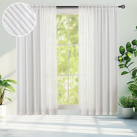 Demetex 96 Drop Net Curtains White Long Curtains 2 Panels Striped Sheer Curtains Light Filtering Voile Curtains with Rod Pocket for Bedroom Living Room Lounge, 137 x 244 cm, White