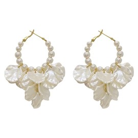 YISXVD Bohemian Vintage Floral Pearl Hoop Earrings White Shell Petal Dangle Earrings for Women Bridal Wedding Everyday Party Jewelry (White)